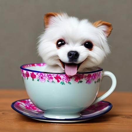 A super cute teacup dog, showing his head, smiling happily, the dog is fluffy, flower white, the teacup is flower pot style, ceramic material, clean background solid color, super delicate image quality, Pixar style, super delicate details, shiny snow white fluffy, 16K, ultra clear