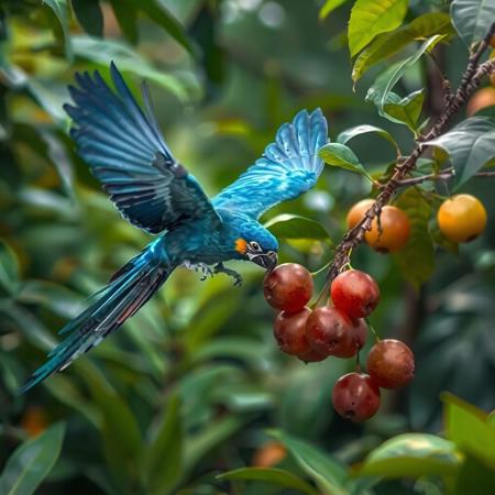 Blue Parrot flying in the jungle, grabbing fruit,