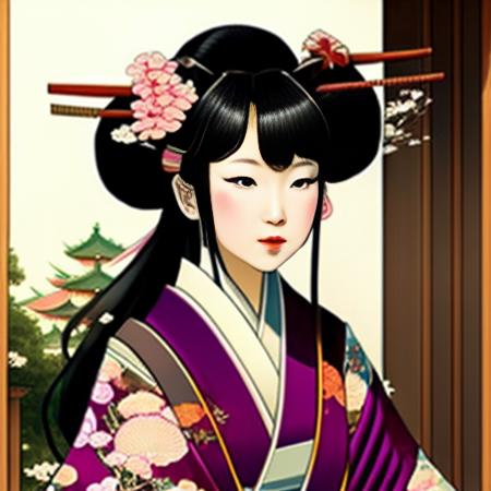 A beautiful japanese girl with hair hair ornament,  wearing a kimono with large breasts, estiloventidois