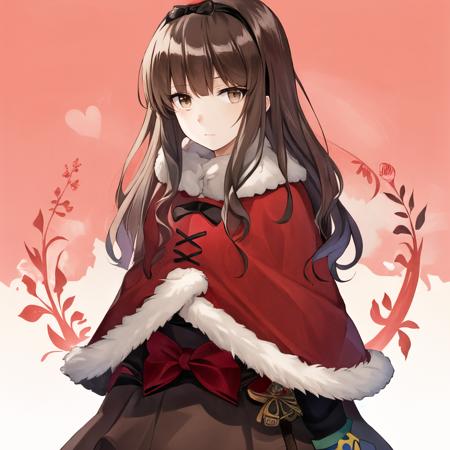 Aria, 1girl, [brown|red] pantyhose, (brown legwear:1.5), brown eyes, brown hair, fur trim, hairband, skirt, capelet, red capelet, black footwear, (red legwear:1.5), asymmetrical footwear, red footwear,