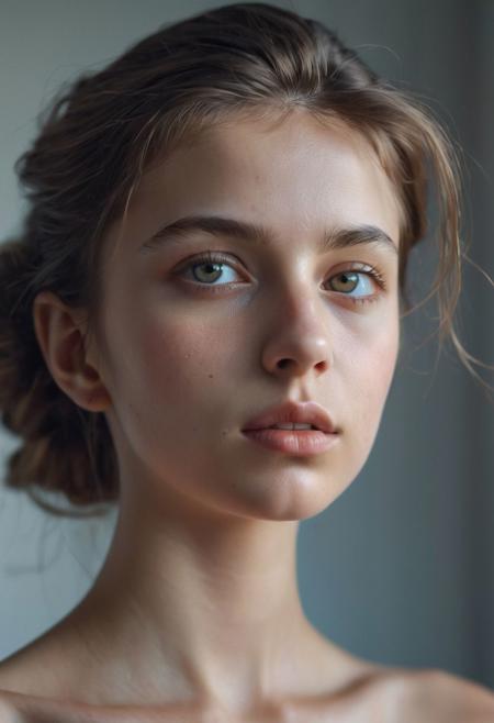 Ultra detailed film photograph with tiny depth of field, shot in an empty studio space with complex lighting. The bare bust of a beautiful woman, her hair and face and slender neck and delicate collarbone and small firm breasts. She looks stoic and severe, soft eyes that are perfectly in focus. From her lips flows richly colored Monochromatic paint, it trickles thickly from her lips down her chin, dripping on her tiny breasts, trickling down her neck.