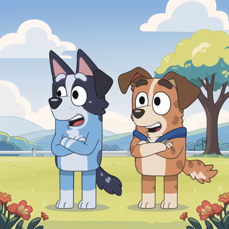 Bluey Style, open mouth, holding, animal ears, standing, tail, full body, flower, male focus, outdoors, food, multiple boys, sky, day, cloud, 2boys, looking at another, black eyes, tree, blue sky, crossed arms, grass, holding food, dog ears, furry, dog, dog tail, bush, furry male, balloon, cat boy, dog boy <lora:Bluey:0.7>