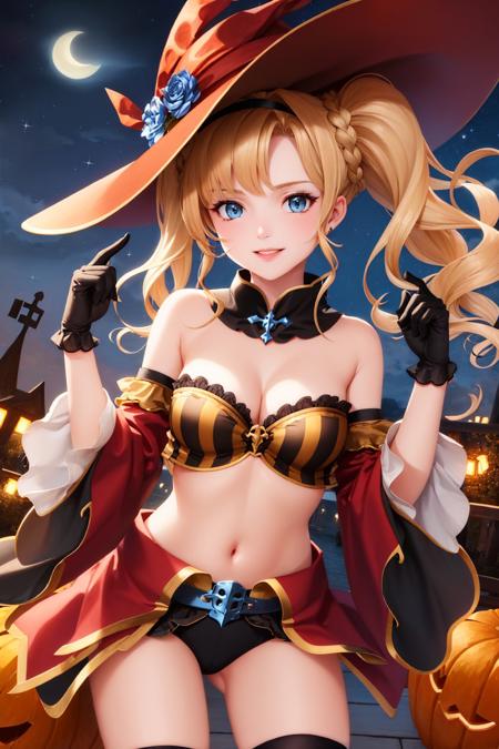 (masterpiece, best quality:1.2), <lyco:granblue_zeta-11:1.0>, cowboy shot, solo, 1girl, zetahalloween, smile, looking at viewer, twintails, witch hat, halloween costume, detached sleeves, thighhighs, black gloves, midriff, cleavage, night, star \(sky\), jack-o'-lantern