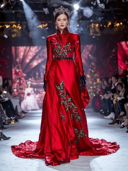 A runway model in a floor-length gown of flowing red silk, with a high-collared neckline and sequined holly leaf embroidery cascading down the train. The bodice sparkles with embedded emeralds, while the skirt is illuminated with tiny, twinkling lights. They wear a crown of silver snowflakes and strut confidently on a runway surrounded by falling snow