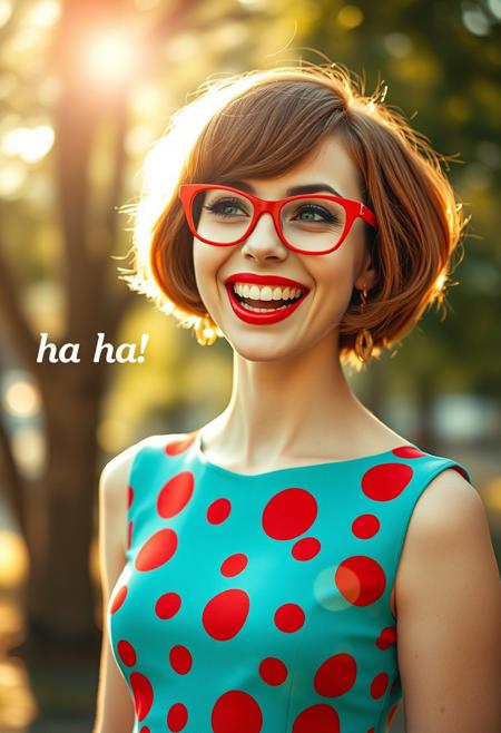Photorealistic portrait of a petite quirky woman with a surreal 1960s aesthetic. She has a short, tousled chestnut bob haircut, pale skin, and is wearing red cat-eye glasses. Her makeup is dramatic with glossy bright red lipstick, thick eyeliner, and arched brows. She is smiling wide with an exaggerated laugh, her expression playful and ironic. She wears a vintage fit-and-flare dress with a bold retro print — polka dots or geometric shapes — in bright colors like cherry red or teal. Dangling mid-century style gold earrings. She stands outside in soft sunlight, trees blurred in the background.
The photo has a slightly overexposed, sun-kissed look with vintage lens flare and bokeh. Add light film grain and slight chromatic aberration for a dreamy analog effect. Style inspired by a 1960s television commercial or a surreal David Lynch dream sequence. Text on screen says “ha ha” in Helvetica, floating near her.
Keywords:
vintage fashion, retro glam, 1960s, surreal humor, pastel color palette, photorealism, film grain, quirky feminine energy, kitsch, dreamlike vibe