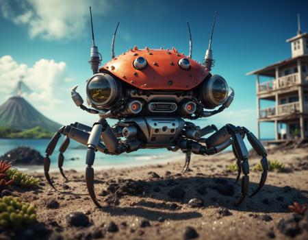 cinematic film still artwork, toon, digital art of spotted robotic crab, wearing a big house building with tubes on head, tropical post-apocalyptic island with volcano in bg . shallow depth of field, vignette, highly detailed, high budget Hollywood movie, bokeh, cinemascope, moody, epic, gorgeous, film grain, grainy
