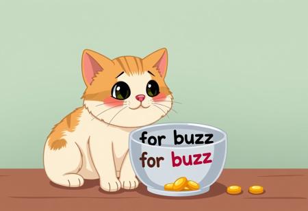 a cute cat sitting near of a empty bowl that says “for buzz"
cartoon style
There's gold at the bottom of the bowl.