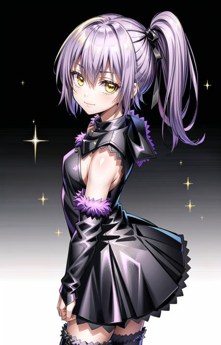 (masterpiece, top quality, best quality, official art, beautiful and aesthetic:1.4), (8k, best quality, masterpiece:1.4), (looking at the viewer, cowboy shot, standing:1), 1girl, solo, Ultima, (purple hair, short hair, purple colored hair, side ponytail, bangs, hair ornament, hair ribbon, black ribbon:1.2), (yellow eyes, shining yellow eyes:1.3), [smile, closed mouth:1.2], [small breasts:1], (Ultima Attire, Fur trim, black dress, detached sleeves, gothic dress, black footwear, boots:1.3), (epic glow:1.4), <lora:more_details:.5>,   <lora:UltimaLora-10:.7>