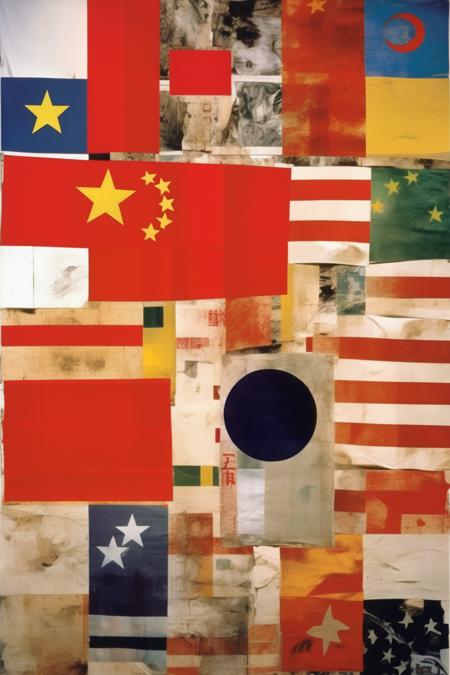 <lora:Robert Rauschenberg Style:1>Robert Rauschenberg Style - The flags of China and other countries are fused into a new national flag,collage