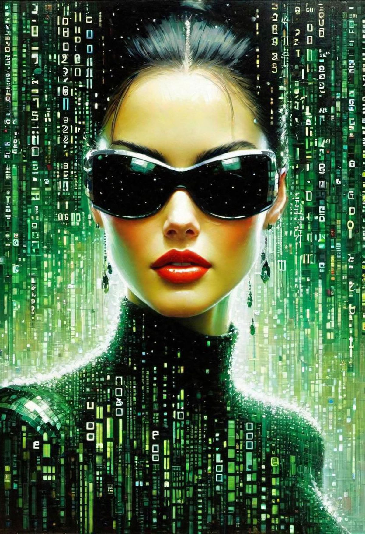 A woman with dark hair, wearing sunglasses and a black dress, posing in front of a backdrop of green computer code.