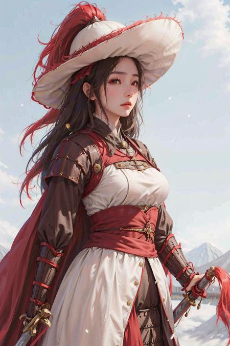 1girl wearing fanyang felt hat, big breasts, ((red cloak, holding sword)), long hair, armor, masterpiece, best quality, photorealistic, snowing,  <lora:fanyang_felt_hat_v2:0.6>