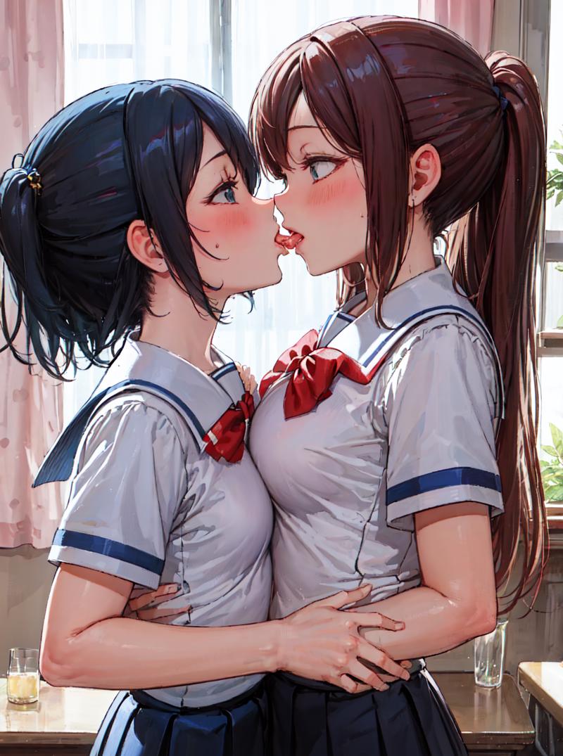 lesbians, closed eyes, two women, anime, anime girls, kissing, yuri, maid