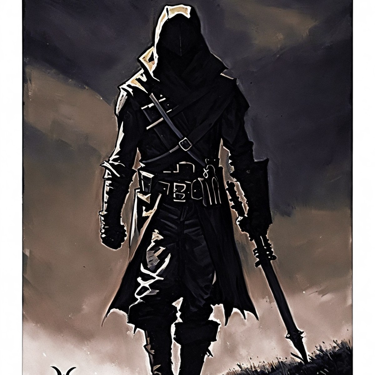 painting of a walking (((ominous badass hunter))) character wearing rags, in style of Mike Mignola, in environment, highly...
