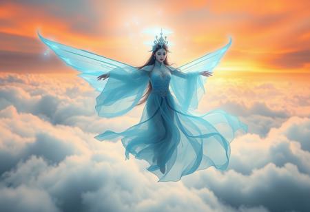 slow shutter speed shot of the celestial fairy Chang'e floating gracefully above the clouds, surrounded by ethereal mist and an ice-blue aura. She is dressed in a sheer, ice-blue, translucent sheer hanfu with a short, flowing celestial robe, adding to her delicate and otherworldly presence,large breasts. The scene is set in a spring landscape reminiscent of 'Lord of the Rings,' with a post-apocalyptic atmosphere. The image blends ancient mythology, immortal cultivation, and a balance of fiery and icy elements.