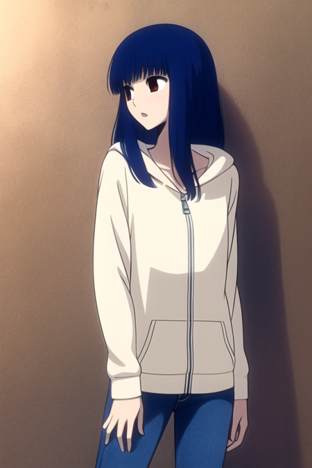 masterpiece, best quality, ZashikiW, 1girl, solo, blue hair, brown eyes, standing,  long hair, black hoodie, jeans, hood down,