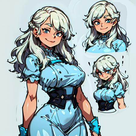 (CharacterSheet:1), 1girl, (white wavy hair, blue eyes:1.3), (simple dress, big breast, very curvy, light smile, hair bang:1.3), cute pose, (milf), (multiple views, full body, upper body, reference sheet:1),
(simple background, white background),
(masterpiece:1.2), (best quality, highest quality), (ultra detailed), (8k, 4k, intricate),(full-body-shot), (Cowboy-shot:1.4), (50mm), (highly detailed:1.2),(detailed face:1.2), detailed_eyes,(gradients),(ambient light:1.3),(cinematic composition:1.3),(HDR:1),Accent Lighting,extremely detailed,original, highres,(perfect_anatomy:1.2),
 <lora:CharacterDesign_Concept-10:0.5>