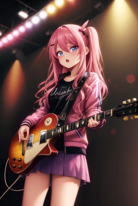 <lora:diabolumberto:0.8>, diabolumberto, masterpiece, best quality, pink jacket, 1girl, instrument, pink hair, jacket, guitar, holding instrument, long hair, gibson les paul, skirt, hair ornament, electric guitar, cube hair ornament, holding, pleated skirt, track jacket, breasts, blue eyes, open mouth, looking at viewer, solo, bangs, blush, hair between eyes, long sleeves, sweat, one side up, sweatdrop, medium breasts