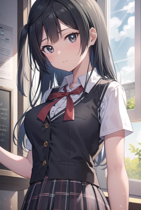 setsunayuuki, <lora:setsunayuuki-lora-nochekaiser:1>, 
setsuna yuuki, (black eyes:1.5), black hair, long hair, one side up, (medium breast:1.2), 
BREAK armband, blue vest, buttons, collared shirt, dress shirt, grey skirt, neck ribbon, nijigasaki academy school uniform, plaid, plaid skirt, pleated skirt, red ribbon, ribbon, school uniform, shirt, short sleeves, skirt, summer uniform, vest, white shirt,
BREAK looking at viewer, 
BREAK indoors, classroom, 
BREAK <lyco:GoodHands-beta2:1>, (masterpiece:1.2), best quality, high resolution, unity 8k wallpaper, (illustration:0.8), (beautiful detailed eyes:1.6), extremely detailed face, perfect lighting, extremely detailed CG, (perfect hands, perfect anatomy),