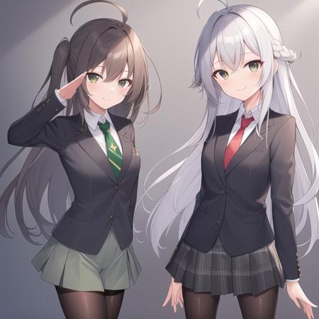 masterpiece, best quality, highres, miorine1, miorine rembran, asticassia school uniform, solo, long hair, grey eyes, grey hair, ahoge, seamed legwear, green shorts, necktie, bangs, hair between eyes, black pantyhose, long sleeves, green jacket, floating hair, red necktie, medium breasts, upper_body, (salute:1.1), hand on hip, smile.