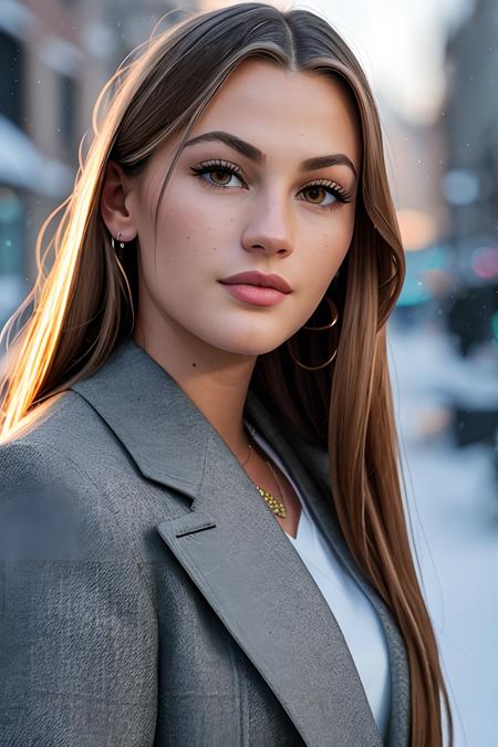 professional portrait photograph of nadiajemez in winter clothing, beautiful face, cute natural makeup, freckles, wearing elegant dress, fashion clothing, ((standing outside in snowy city street)), stunning modern urban upscale environment, ultra realistic, concept art, elegant, highly detailed, intricate, sharp focus, depth of field, f/1. 8, 85mm, medium shot, mid shot, (centered image composition), (professionally color graded), ((bright soft diffused light)), volumetric fog, trending on instagram, trending on tumblr, hdr 4k, 8k, (closeup portrait:1.2)