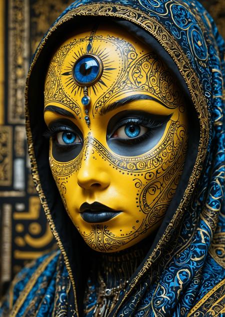 A close-up of a face adorned with intricate black and blue patterns. The left side of the face is predominantly yellow, with symbols and doodles, while the right side is dark, featuring mechanical elements. The eye on the left is a striking shade of yellow, contrasting sharply with the surrounding patterns. The face is partially covered by a hooded garment,
 <lora:aidmaImageUpgraderSDXL-v0.3:1> aidmaImageUpgrader