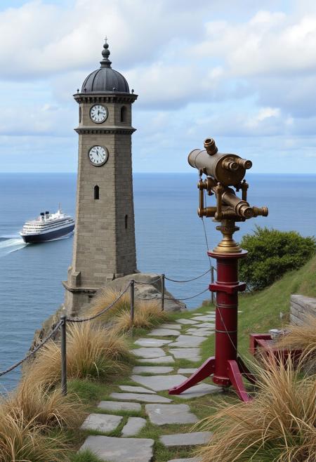 a steampunk influenced image depicts a coastal scene featuring an old stone watchtower with a domed roof, and a magnificent clock, situated on a grassy overgrown path. The watchtower is positioned near the edge of a cliff overlooking a vast, calm ocean under a partly cloudy sky. A steamship cruises past leaving a white wake. In the foreground, there is an intricate telescope mounted on a red stand, with many levers and wheels. It is aimed towards the sea. The path leading to the watchtower is made of irregular stone slabs, bordered by dry grass and a few green bushes. A metal railing runs along the cliff edge, providing a barrier between the path and the drop to the ocean below.