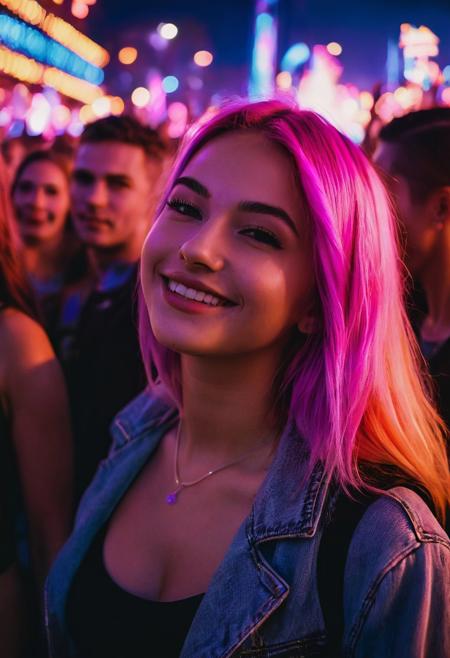 score_9, score_8_up, score_7_up, score_6_up, beautiful 19 year old girl, colored hair, neon lights, rave, rave clothing, crowd, nighttime, dusk, smiling, ultra realistic, big lips, (masterpiece, best quality, highres:1.2), (photorealistic:1.2),