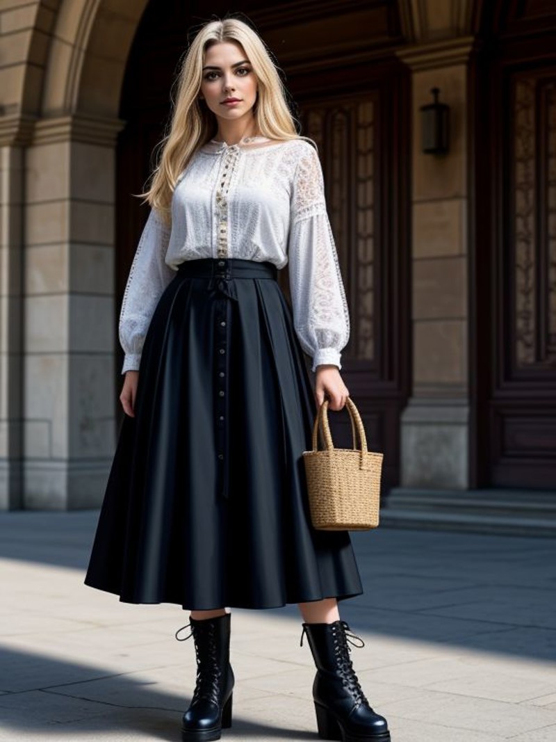 <lora:LCM_LoRA_Weights_SD15:1> 
Vickie_Zane, 
peasant blouse with a full midi skirt, a pair of heeled clogs or lace-up boo...