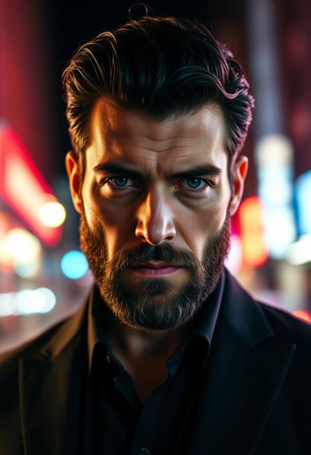 A simple uncluttered mid-length high-fashion photo of a 30yo 7' tall, broad-shouldered, muscular scruffy rugged extremely-attractive bearded burly dangerous-looking criminal Italian-man mob-boss sexy male-model with dark-hair wearing a black suit. His gaze is intense, his blue eyes well-lit. lens-flare, vibrant, highest-quality, iridescent, street-photo, urban, red, white and blue color-scheme, light-art, in-motion, dynamic