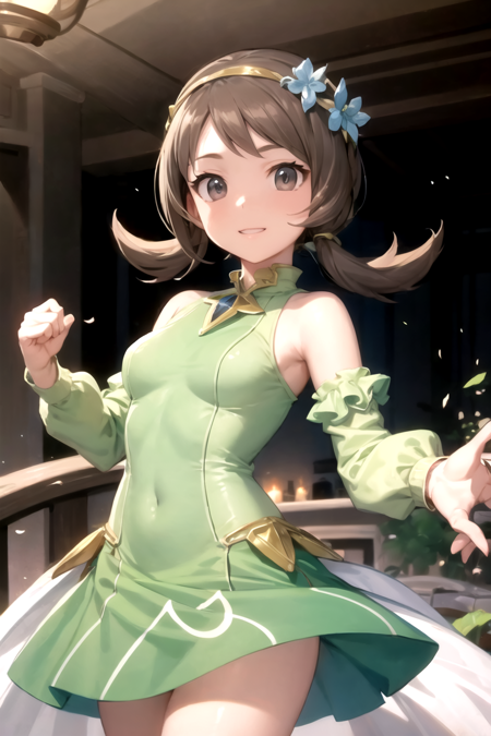 masterpiece, best quality, <lora:LyraSygnaV2:0.7>, lyra \(pokemon\), green dress, circlet, hair flower, detached sleeves, smile, cowboy shot,