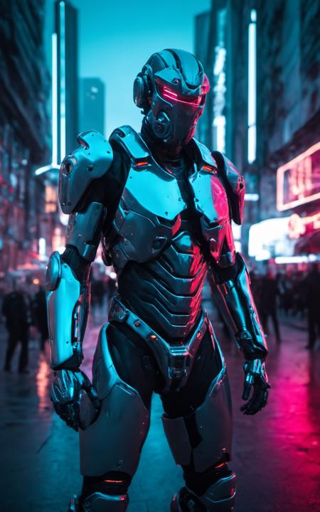 mech warrior in a futuristic city street,neon lights,highly detailed photography,RAW,