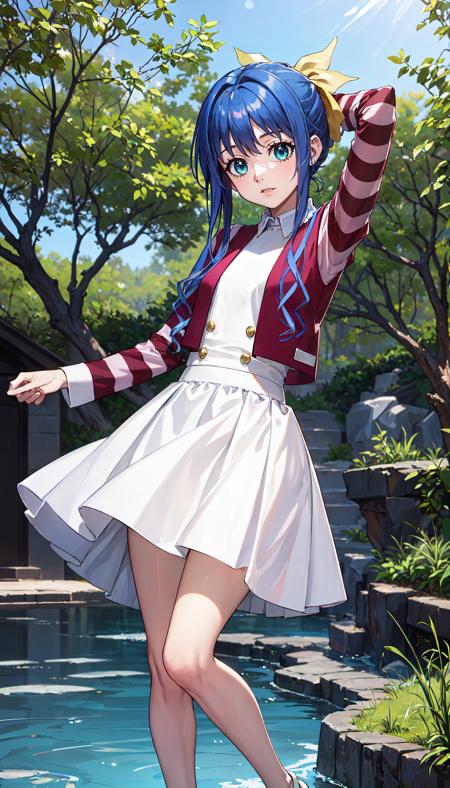 long hair blue hair green eyes pink shirt red vest long sleeves striped sleeves long skirt white skirt yellow hair ribbon