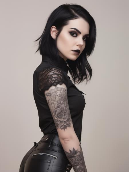 a beautiful 26yo goth woman, dark haired, straight hair, beautiful arched eyebrows, (black colored eyes:1.2), eyeliner, porcelain skin, wearing black see-through (lace shirt:1.1), wearing black leather pants, tattoos, 1girl, light beige background