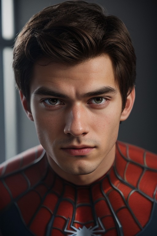 A photograph of spider man, no mask, 20 yo, detailed face, looking at camera, portrait, 8k uhd, high quality