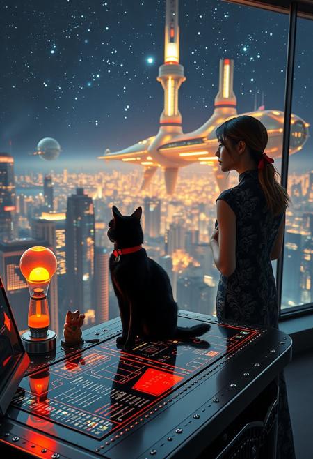 A sleek black cat with red collar sits on a cluttered metal riveted desk with transparent top and micro-LED lighted computer components visible inside, On the desk are a maneki neko statue and a lava lamp, the Black Cat is looking out of a seamless and futuristic floor to ceiling window that looks out at the lights of enormous buildings and cities far below, (((a beautiful woman, 24 years old, is standing next to the desk the cat is sitting on and looking longingly out the window, the woman is dressed in an ornate elegant Chinese style dress. An enormous deco-cyberpunk starship with futuristic lighting and an enormous space station are visible in the background among the stars, The woman's hair is elegantly tied up with a ribbon. Artistic cyberpunk, dynamic perspective, (((overall architectural aesthetic is Art Deco Cyberpunk))).  Epic image that elicits a feeling of wonder and awe, part of the interior is visible,