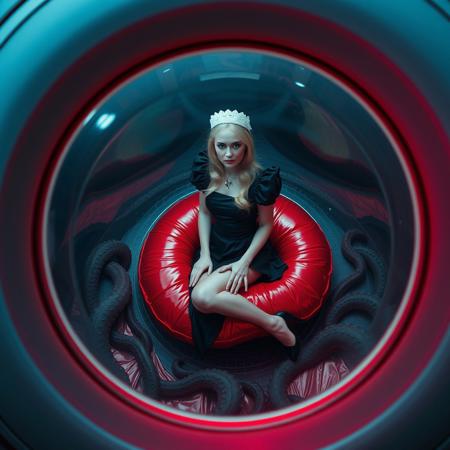 Beautiful blonde french maid is seen through giant observation blister of flying saucer. She wears flirty black glossy satin outfit and high heels, kneeling, positioned inside transparent slime egg,  at giant red foil pillow in center of flying saucer cabin. entangled with tentacles  Cinematic film still, shot on v-raptor XL, film grain, vignette, color graded, post-processed, cinematic lighting, 35mm film, live-action, best quality, atmospheric, a masterpiece, epic, stunning, dramatic. view  from above, view outside flying saucer