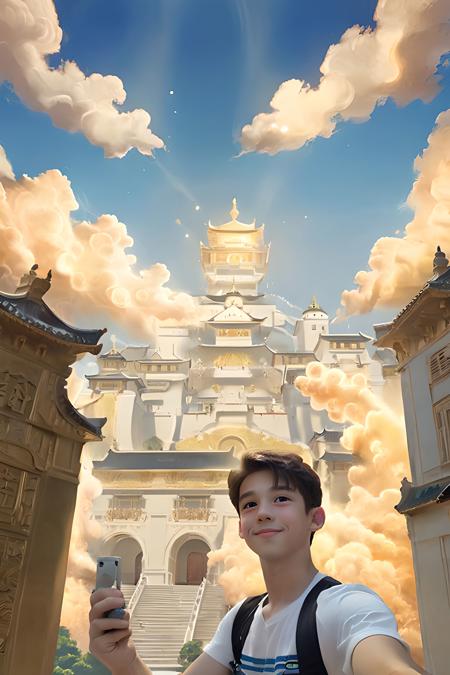 outdoors, jinsixiangyun, architecture, 1boy, gloden cloud, glowing, (selfie:1.5)