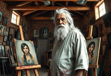 Image is a digital artwork featuring an elderly man standing in a chaotic art studio. He has long white unkempt hair and beard and wears a paint stained white tunic. The style is realistic with a focus on detailed textures and lighting. The layout includes the man in the foreground, standing next to an easel with a portrait of a woman, possibly Lara Croft.  The background shows a room with wooden beams, bare brick walls and small windows, allowing natural light to illuminate the space. The walls have many portraits and photographs on display. The overall composition is balanced, with a warm colour palette enhancing the dynamic and artistic theme of the image.