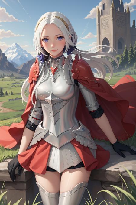 masterpiece, best quality, edelgard_hopes, hair ribbon, hair ornament, armor, red cape, armored skirt, black gloves, armored legwear, looking at viewer, smile, field, sky, grass, mountains in the distance <lora:edelgard-nvwls-v2-000012:0.9>