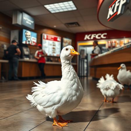 anatomically correct, (hyper realistic, ultra detailed), complex shadows, intricate details, white duck, animal focus, black eyes, fluffy, short, standing, restaurant, KFC, white duck is on the floor, white duck is in front of cashier counter, white duck is looking at the tv display menu, the cashier is confused as to see a white duck, kitchen staff are visible in shot, full shot,