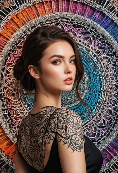 photo of TWbabeXL01, NSFW, official art, unity 8k wallpaper, ultra detailed, beautiful and aesthetic, masterpiece, best quality, realistic, 1girl, extremely detailed, dynamic angle, (zentangle, mandala, tangle, entangle), the most beautiful form of chaos, elegant, a brutalist designed, vivid colors, romanticism, plasma flame,