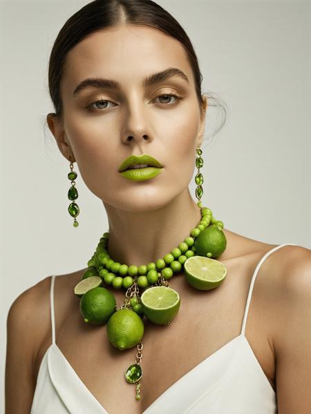 Surrealist art woman wearing a (necklace made of lime), simple background . Dreamlike, mysterious, provocative, symbolic, intricate, detailed