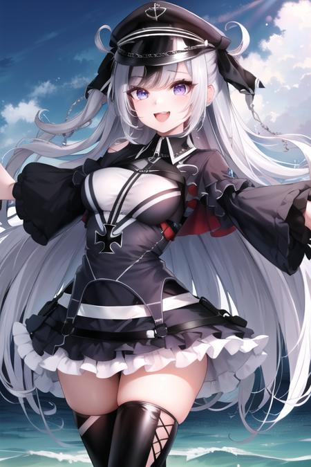 elbeazln, (masterpiece:1.3), best quality, high quality, absurdres, 1girl, solo, peaked cap, black corset, iron cross, black dress, layered dress, black gloves, thighhighs, smile, outstretched arms, ocean, <lora:elbeazln_prerelease:1>