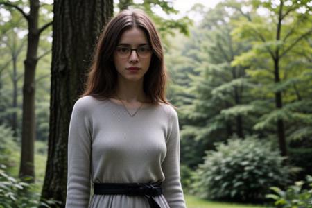 35mm film, one pretty european girl, solo, supermodel, long light brown hair, long wavy hair, pale skin, perfect face, small nose, red lips, blue eyes, big tits, nice breasts, necklace, black framed glasses, short blue lace dress with a belt, white long heel shoes, looking at viewer, looking directly at viewer, green forest view, offering panoramic views of majestic and sweeping trees, nature light, early spring season, full body view of girl, epiCPhoto, <lora:pytorch_lora_weights:0.5>, <lora:picxer_real:0.7>, <lora:FilmVelvia3:0.3>, <lora:more_details:0.6>