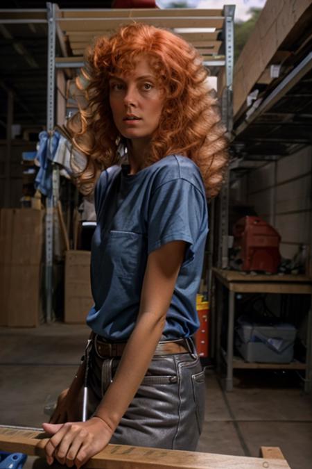Road Sign Blue tshirt, garage, leaning on a workbench<lora:Susan_Sarandon:1> masterpiece, best quality, detailed face, solo, 1girl, mature s1873s, red hair, witch