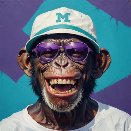 closeup portrait of a chimp, lucky laugh face, bucket hat on head, highly detailed, evocative, high contrast, purple and turquoise color blocks as the background, retro style white frame sunglasses, lucky laugh face, tshirt purple weared