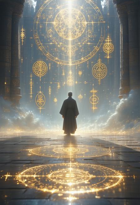 A lone figure reaches toward golden sigils floating in air, ancient glyphs shimmer with warning, fear stirs beneath beauty, light radiates power and risk, a whisper of danger in silence, Neo-Gnostic Realism, sacred tension, the magic tests him.
<lora:FLUX-daubrez-DB4RZ-v2:0.55> <lora:Sinfully_Stylish_.02_for_FLUX:0.35> <lora:dystopia:0.6>