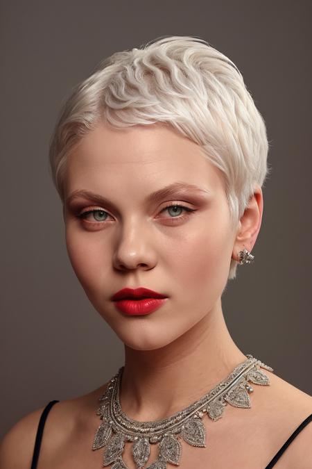 ninahnizdo, woman, makeup, lipstick, highly detailed, realistic,  very short white hair, high fashion, cinematic, art portrait,
 <lora:NinaHnizdoSD_v1:0.8>