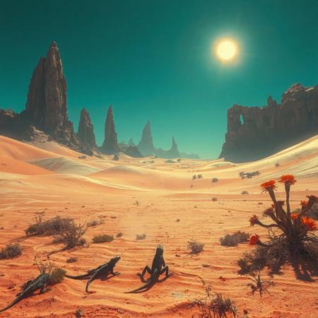 cinematic film still Cinematic movie film still depicting a realistic arid alien landscape with rolling dunes of shimmering, multi-coloured sand under a small, blazing sun. Tall jagged rock formations stand out from the dry ground, their surfaces eroded into strange patterns. In the foreground small lizard like creatures bask by patches of sparse, alien flora with vibrant, spiky flowers. The sky is a deep turquoise, with two distant moons, creating a surreal atmosphere. Wisps of heat haze rise from the ground, and the air shimmers with a sense of mystery and desolation.