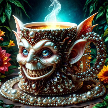 Vivid color, dynamic lighting, abstract composition, soft gradients, cinematic contrast, pearlum, textured background, (angled view) of a stylish goblin wizard coffee mug made from pearls, foliage foreground frame, vivid flowers, precision, fractal geometry, harmonic interference, altered realities, fantastical scenes, striking visuals,  detailed background, light reflection, masterpiece, best quality, absurdres,  mobe-ancofmu style